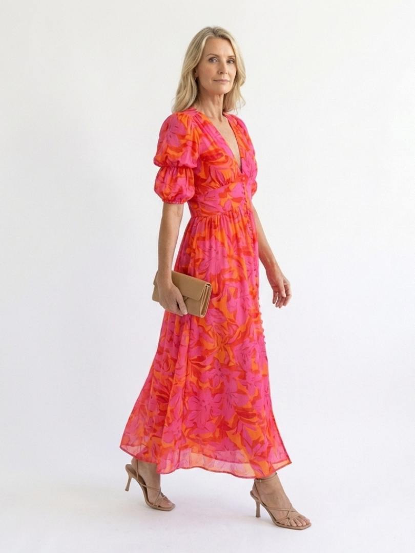 Ellis & Johnson™ | Floral V Neck Puff Sleeve Midi Dress
