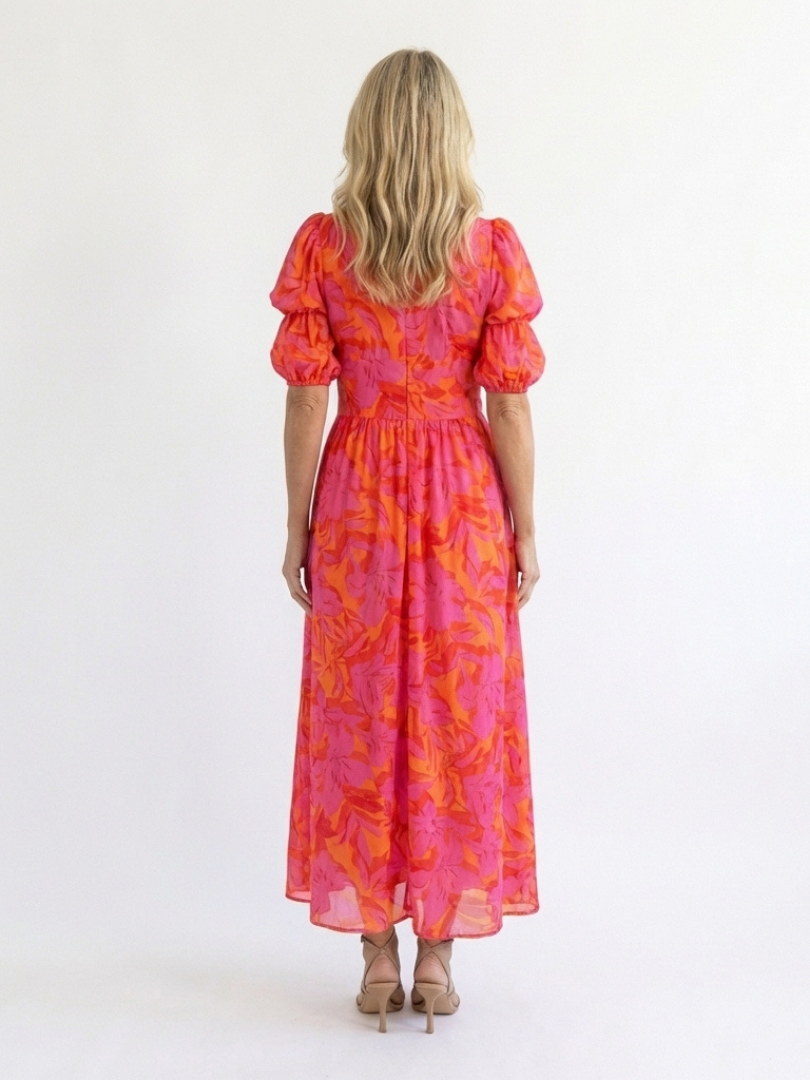 Ellis & Johnson™ | Floral V Neck Puff Sleeve Midi Dress