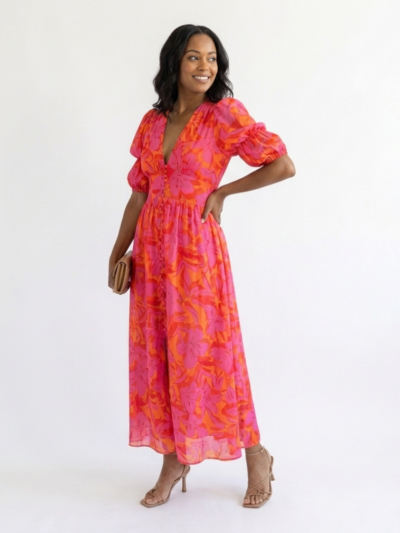 Ellis & Johnson™ | Floral V Neck Puff Sleeve Midi Dress
