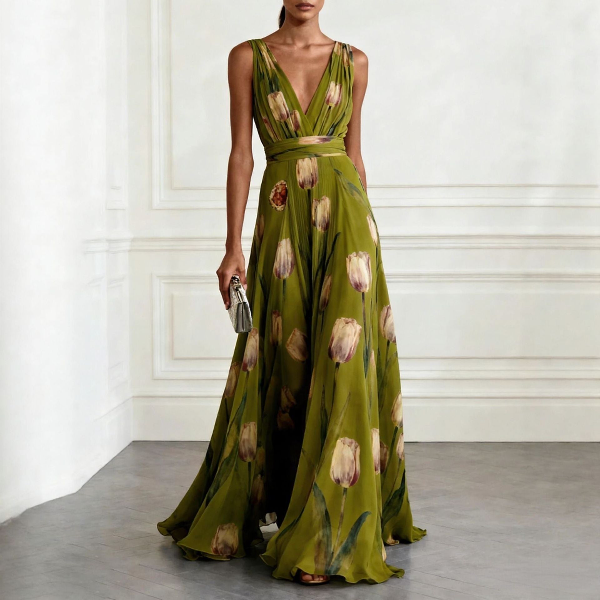Women's Tulip Print Wrap V-Neck Sleeveless Maxi Dress