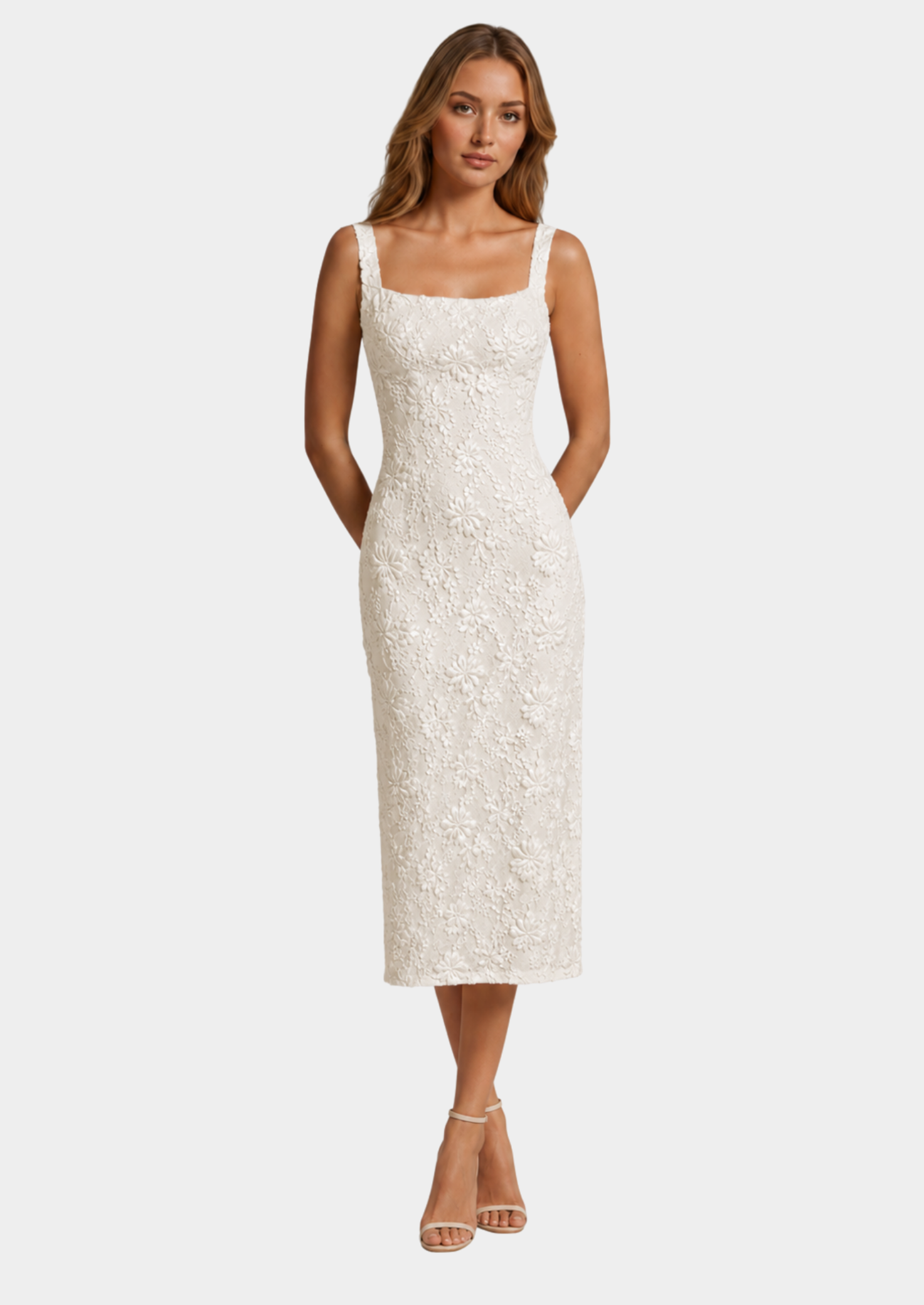 Women’s Floral Lace Midi Dress with Square Neckline