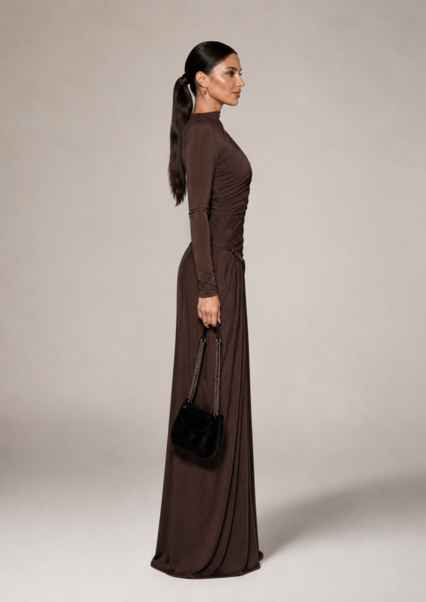 Women’s Ruched Long Sleeve Maxi Dress with Draped Panel