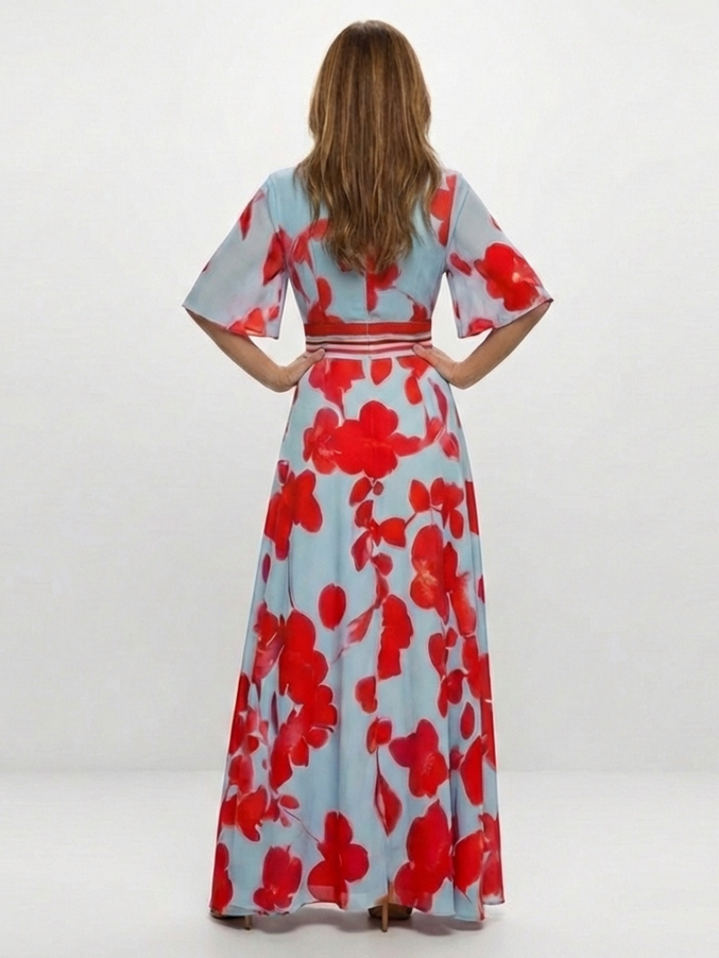 Ellis & Johnson™ | V Neck Short Sleeve Floral Maxi Dress