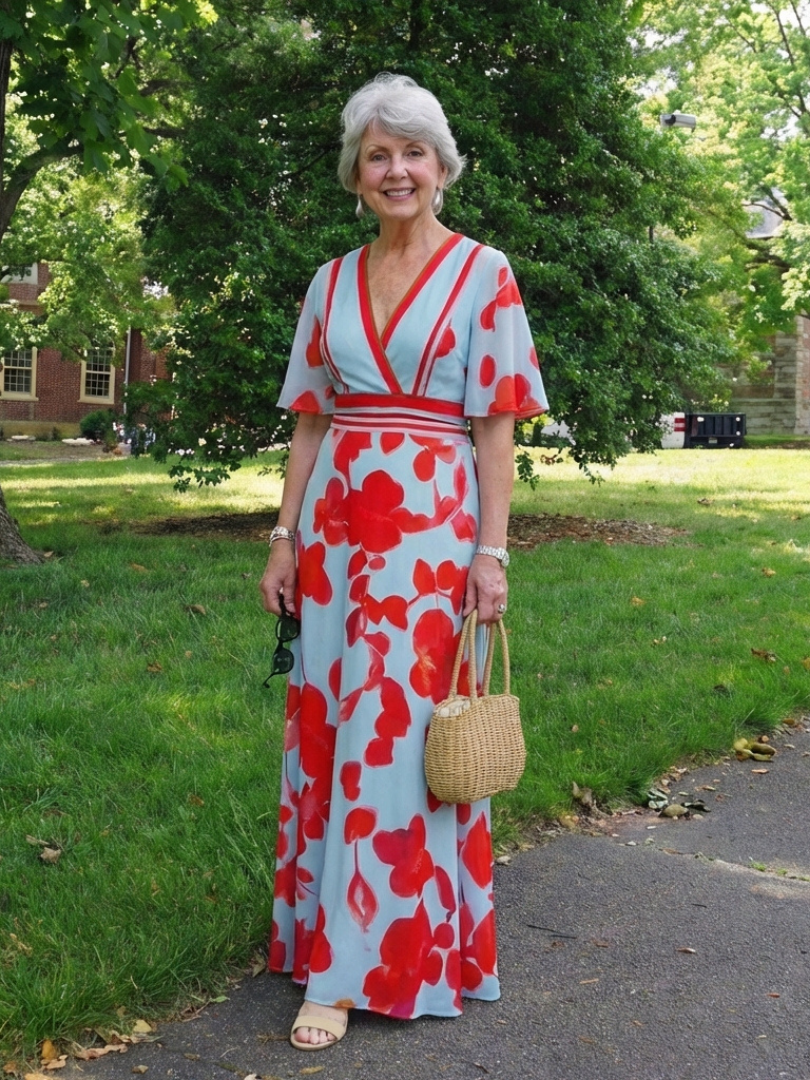 Ellis & Johnson™ | V Neck Short Sleeve Floral Maxi Dress