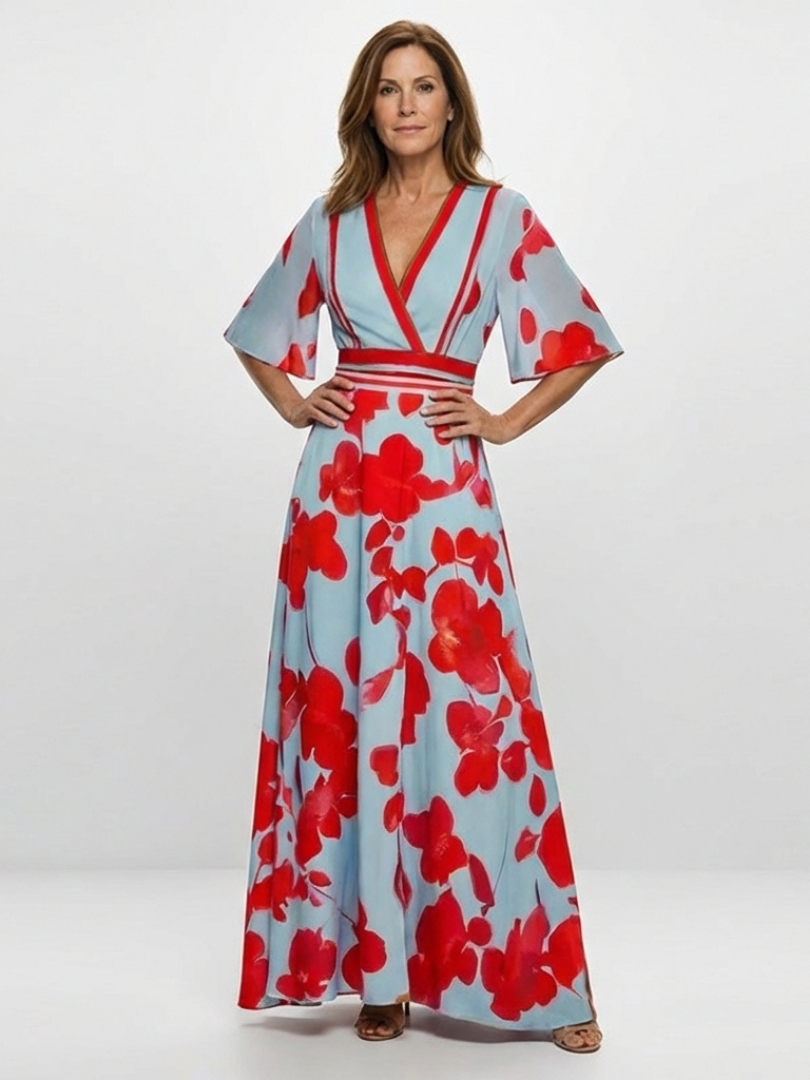 Ellis & Johnson™ | V Neck Short Sleeve Floral Maxi Dress