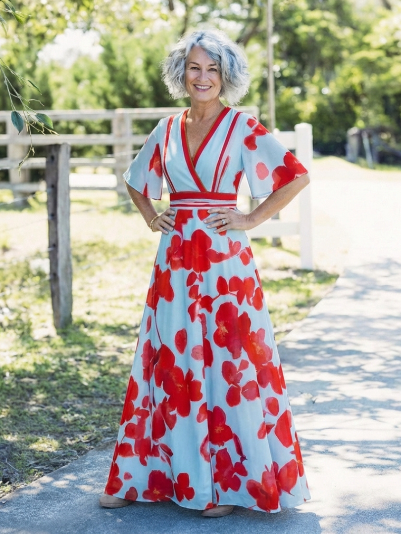 Ellis & Johnson™ | V Neck Short Sleeve Floral Maxi Dress