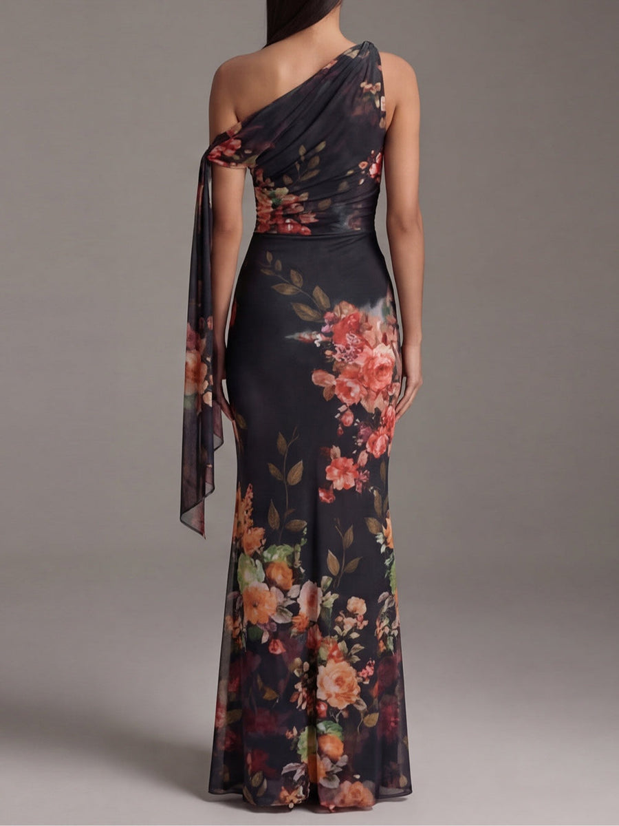 Black One-Shoulder Printed Pleated Chiffon Maxi Dress