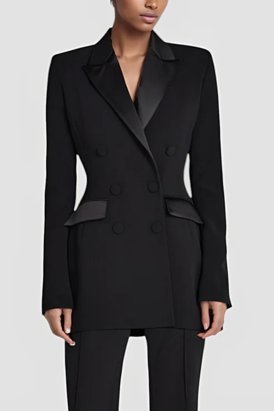 Elegant Double-Breasted Blazer – Satin Lapel Power Silhouette
