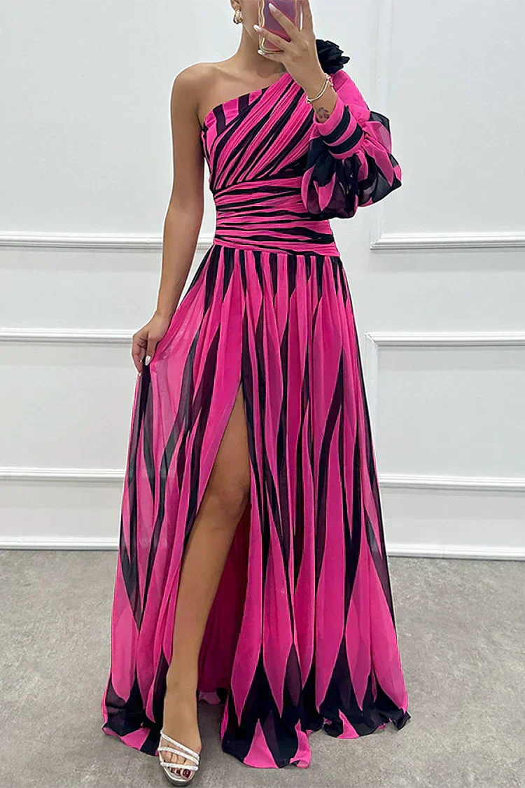 Hazel™ | Elegant Striped Maxi Dress with One Shoulder