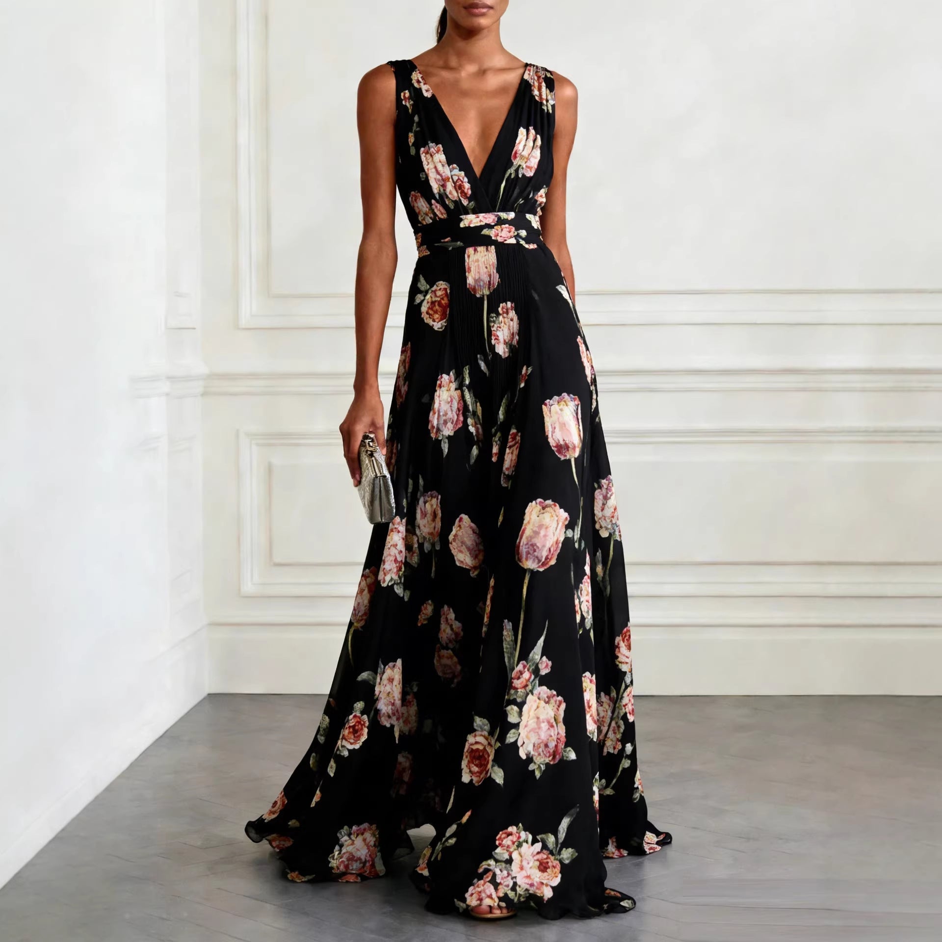 Women's Tulip Print Wrap V-Neck Sleeveless Maxi Dress