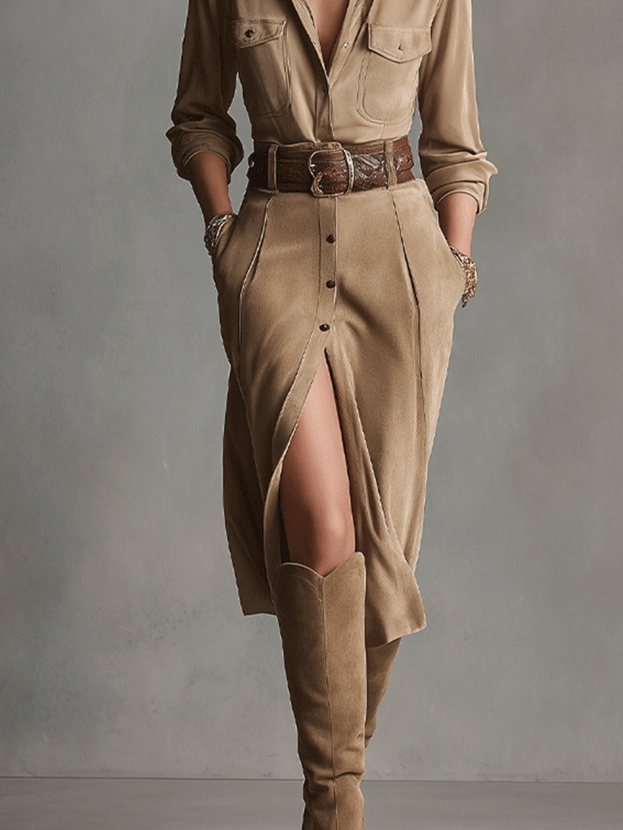 Zoe | Brown Fashion Suede Midi Dress