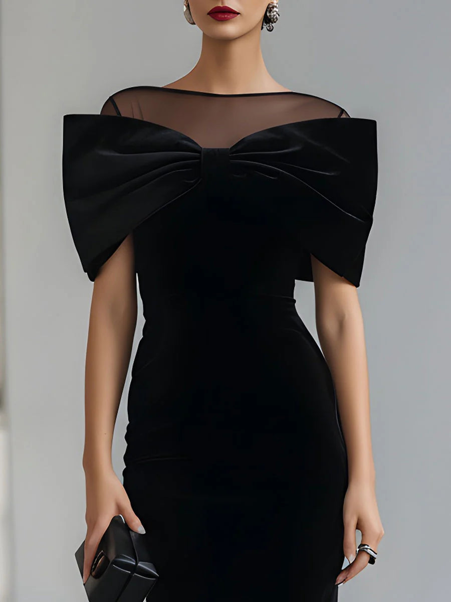 Dramatic Black Velvet Bow Midi Dress
