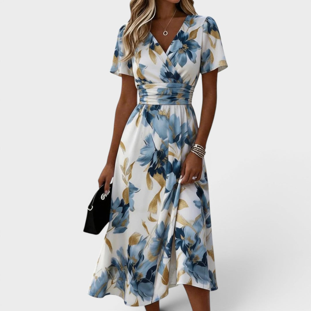 Elara | Floral Midi Dress with a Tie at the Waist