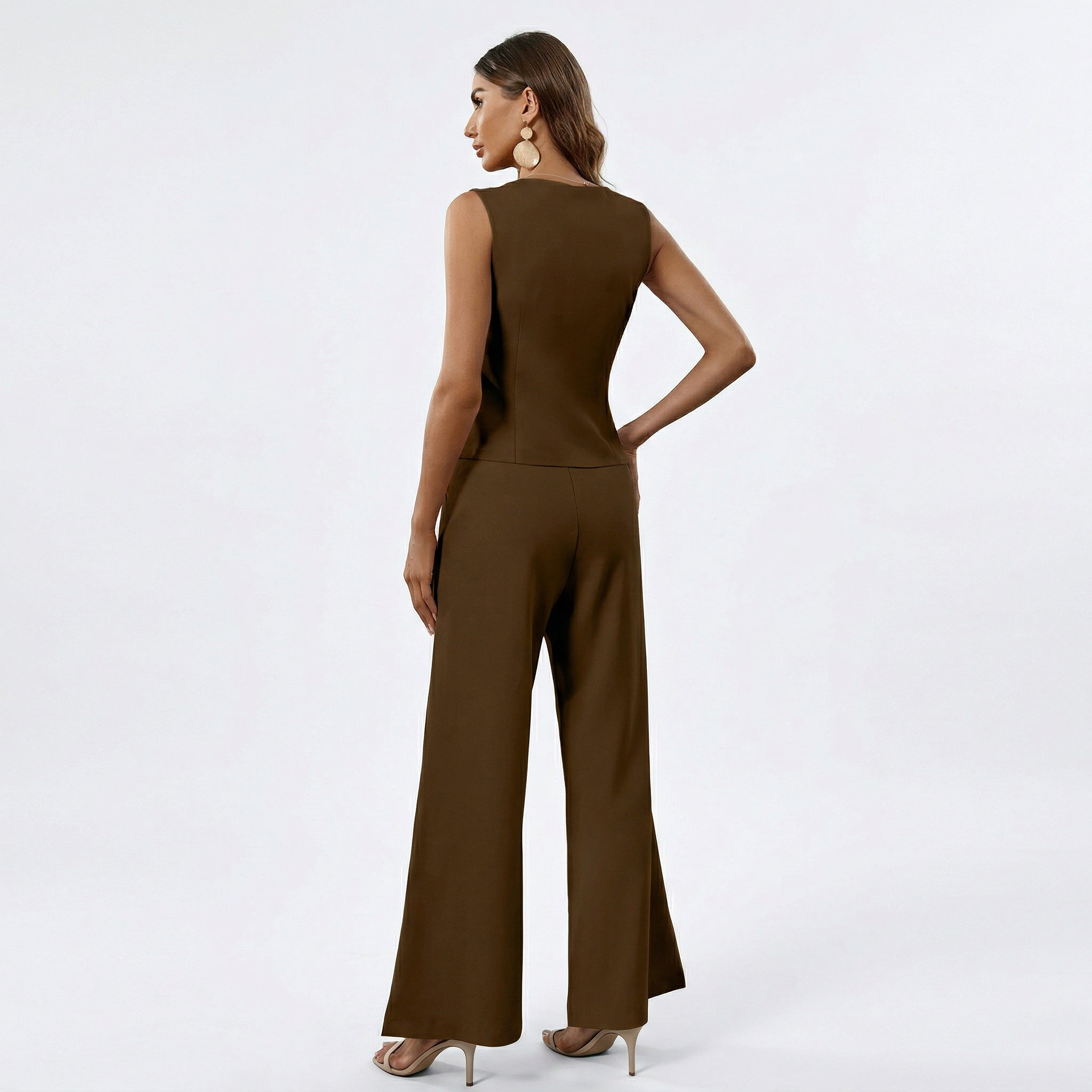 Elegant Womens Outfit with Sleeveless Vest and Wide Leg Trousers Set