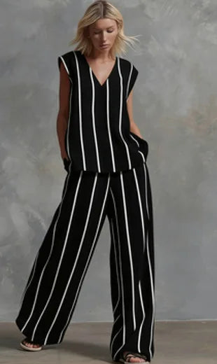 Evie | Striped Loose Top & Wide-Leg Pants Set