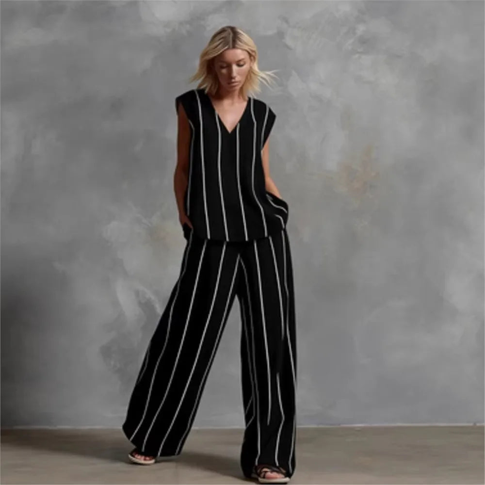 Evie | Striped Loose Top & Wide-Leg Pants Set