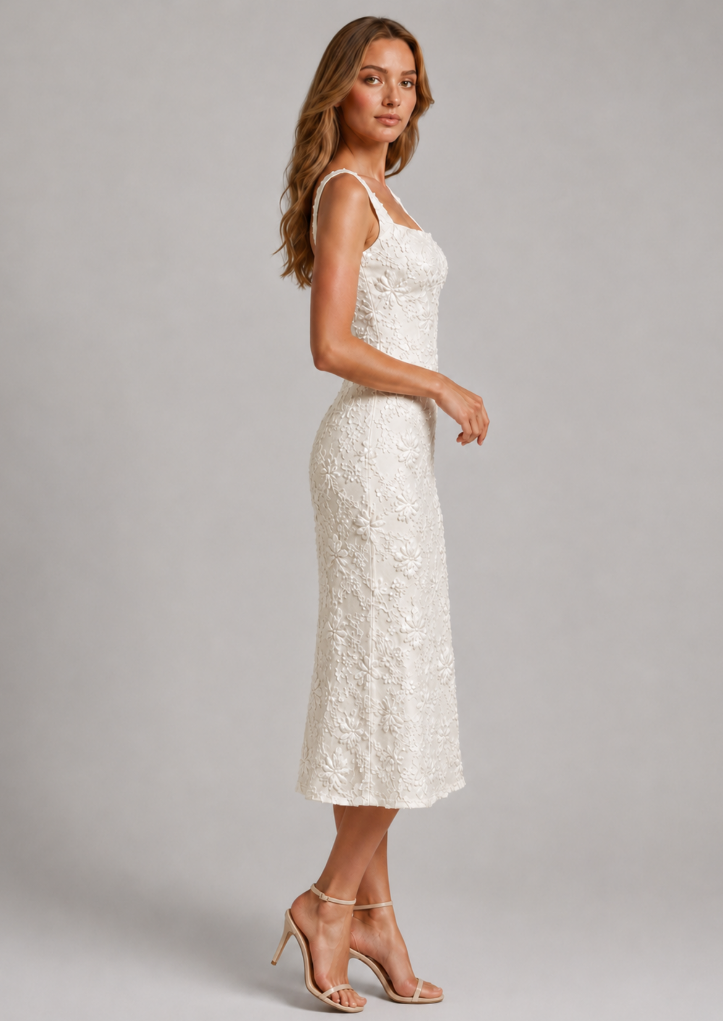 Women’s Floral Lace Midi Dress with Square Neckline