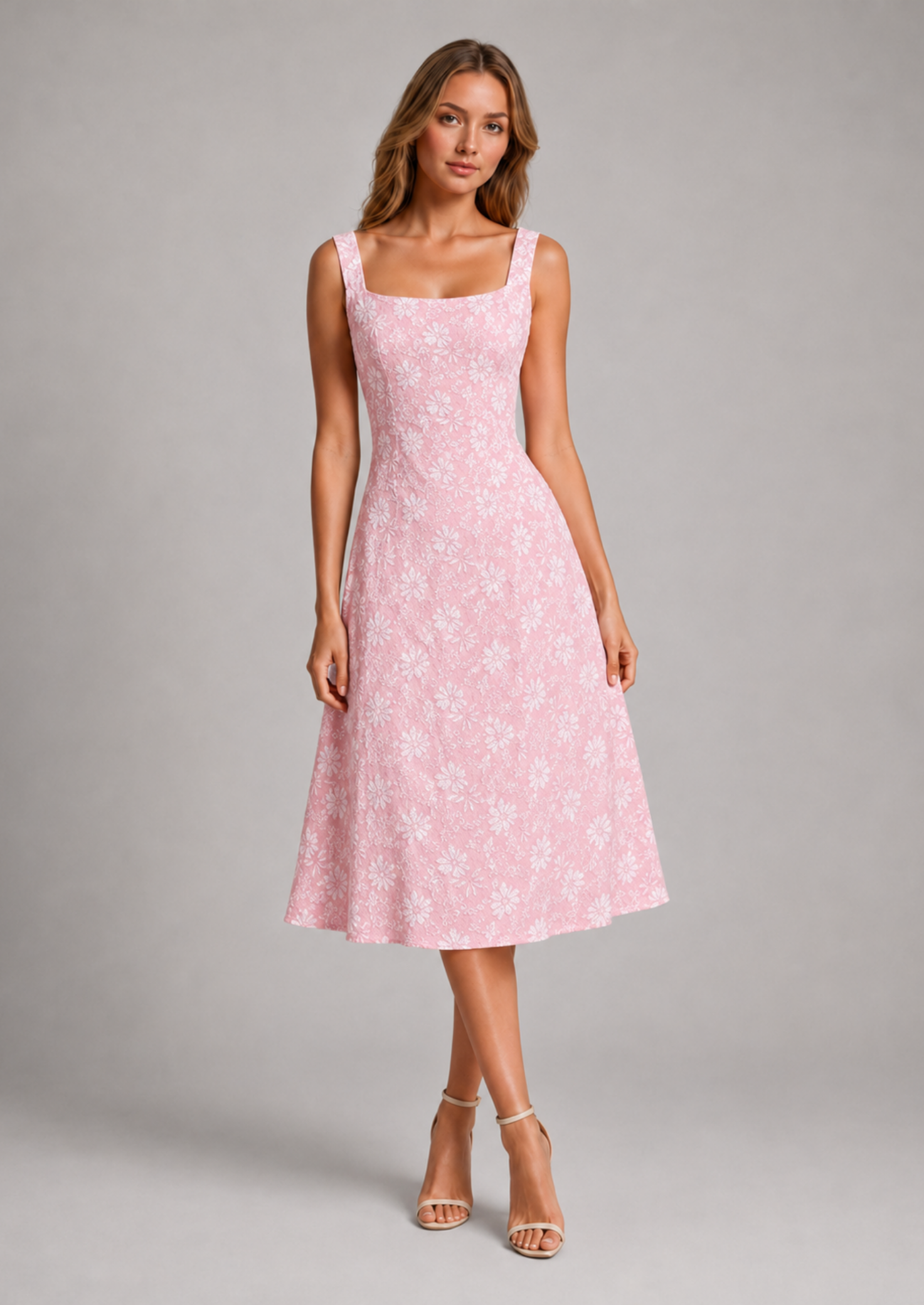 Women’s Floral Lace Midi Dress with Square Neckline