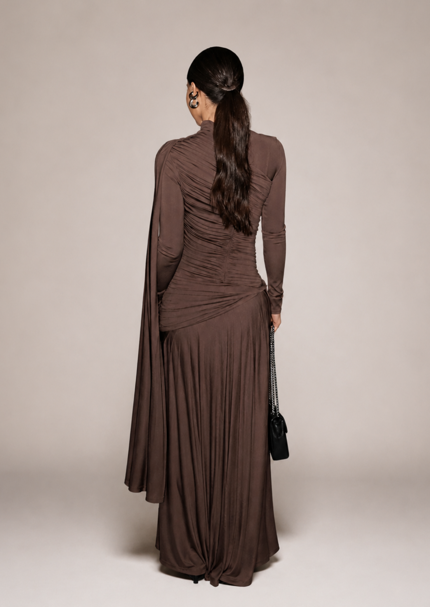 Women’s Ruched Long Sleeve Maxi Dress with Draped Panel