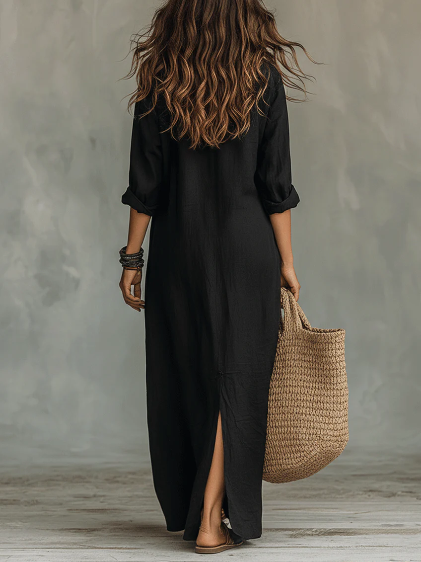 Alessia – Soft Black Buttoned Maxi Dress