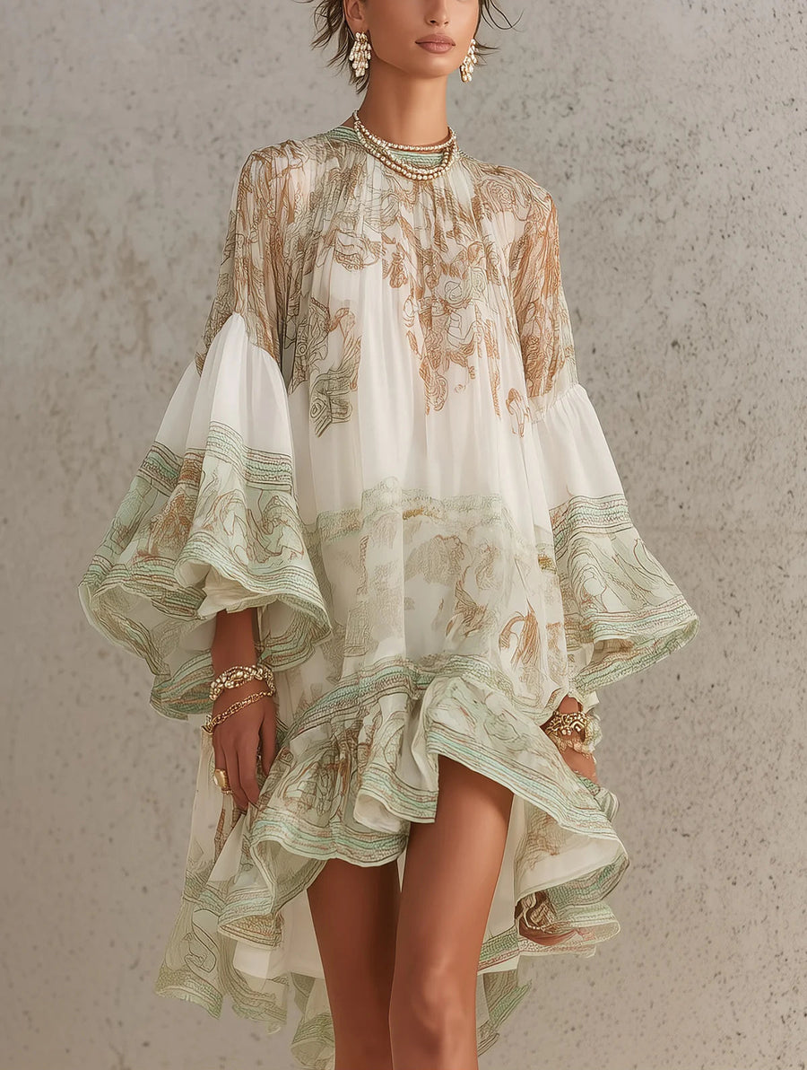 Green Print Ruffle Hem Flounce Sleeve Chiffon Mini Dress