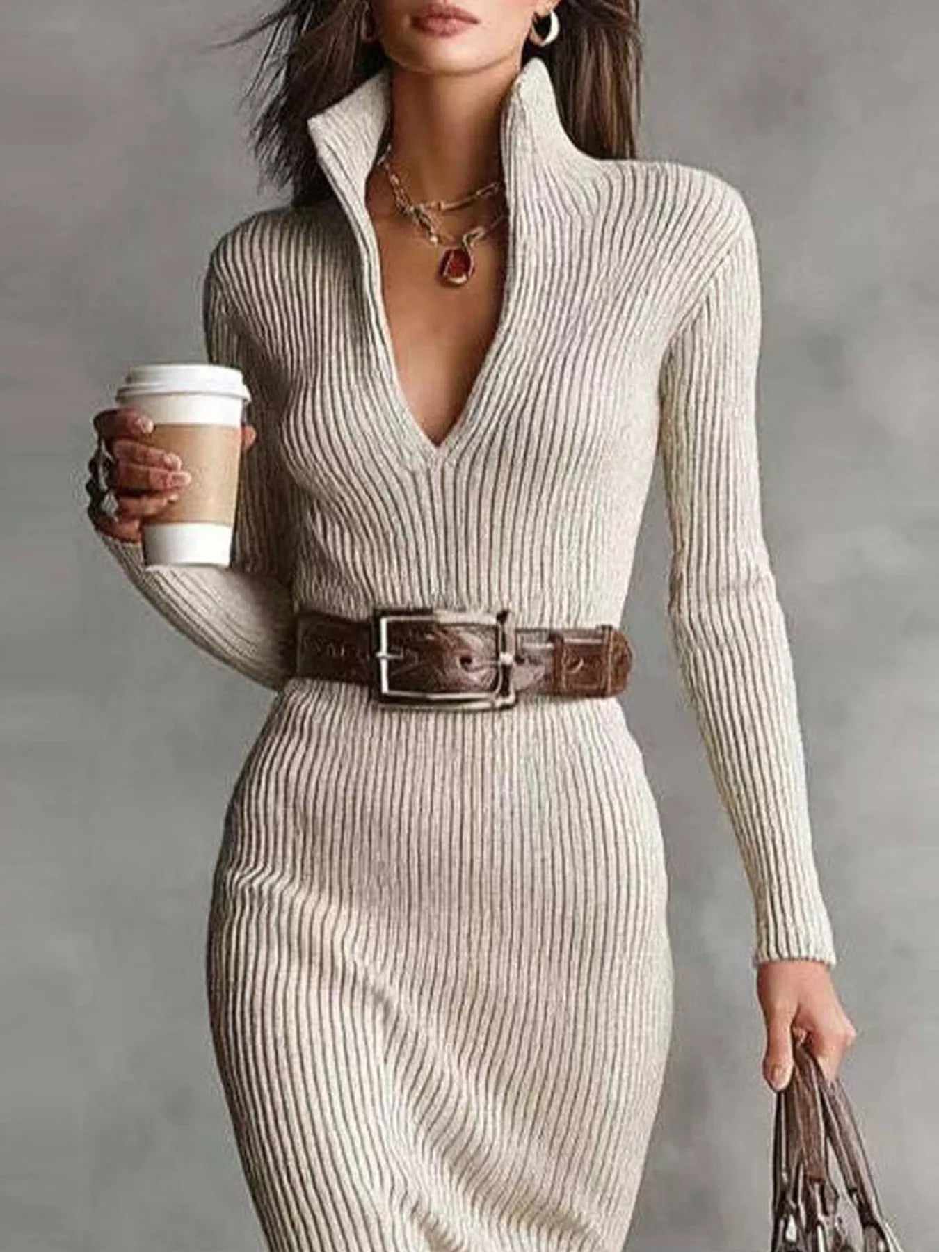 Isabella |  Elegant Ribbed Knit Turtleneck Midi Sweater Dress