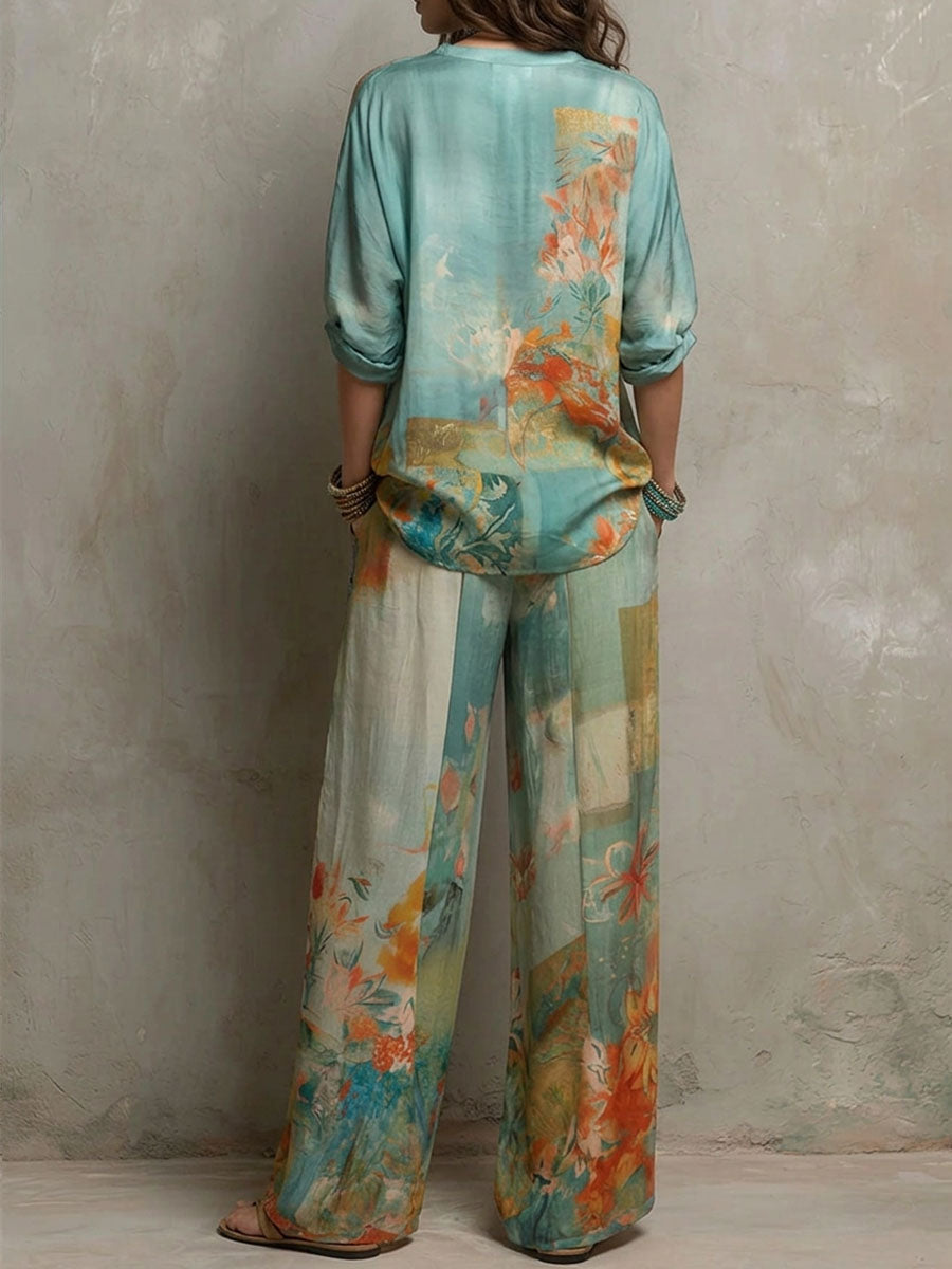 Chiara – Elegant Floral Print Set with Wide-Leg Trousers